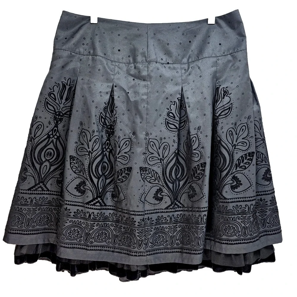 Y2K Floral Embroidered Skirt Black‎ Pleated Gypsy Fairy Wimsigoth Witchy Sz 12